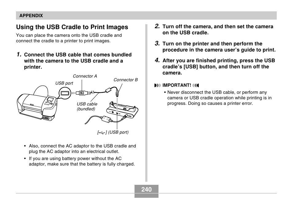 Using the usb cradle to print images, 240 using the usb cradle to print images | Casio EX-Z5 User Manual | Page 240 / 252