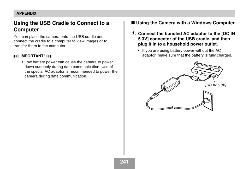 Using the usb cradle to connect to a computer, 241 using the usb cradle to connect to a computer | Casio EX-Z5 User Manual | Page 241 / 252