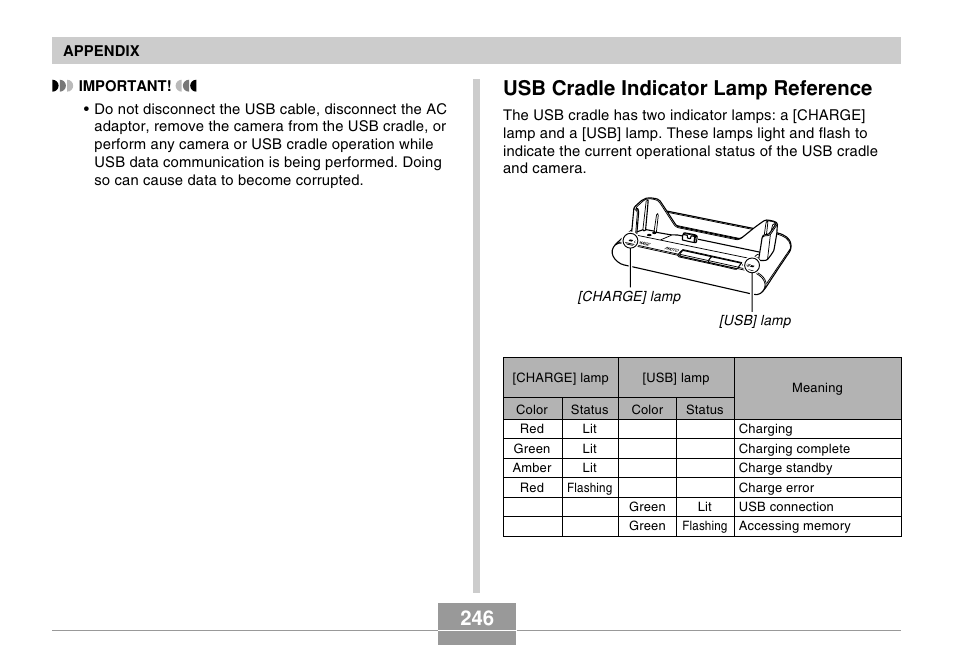 Usb cradle indicator lamp reference, 246 usb cradle indicator lamp reference | Casio EX-Z5 User Manual | Page 246 / 252