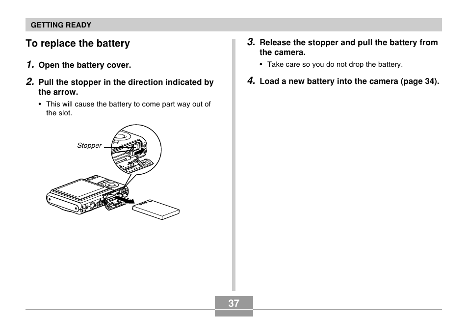 To replace the battery | Casio EX-Z5 User Manual | Page 37 / 252