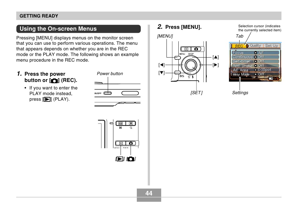 Using the on-screen menus | Casio EX-Z5 User Manual | Page 44 / 252