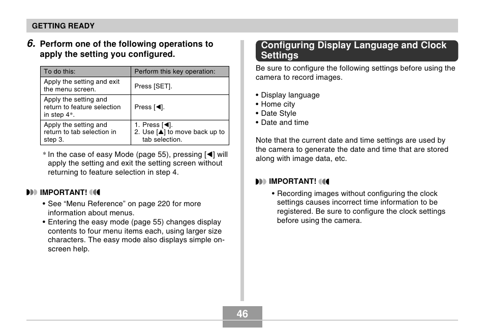 Configuring display language and clock settings | Casio EX-Z5 User Manual | Page 46 / 252