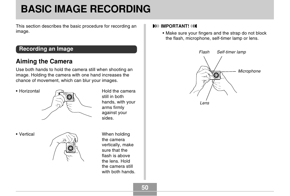 Basic image recording, Recording an image, Aiming the camera | Casio EX-Z5 User Manual | Page 50 / 252