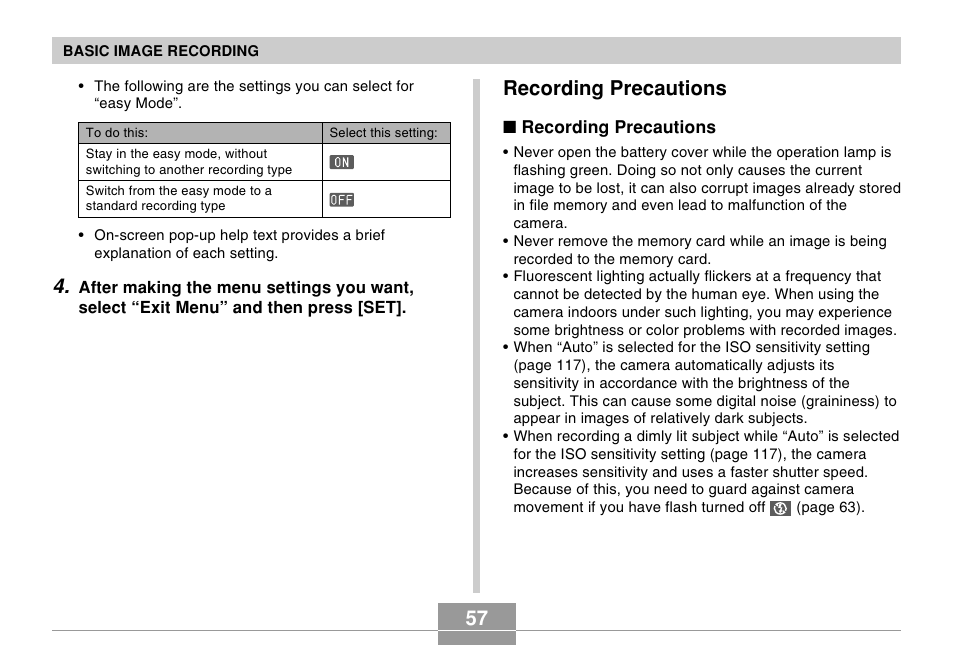 Recording precautions, 57 recording precautions | Casio EX-Z5 User Manual | Page 57 / 252