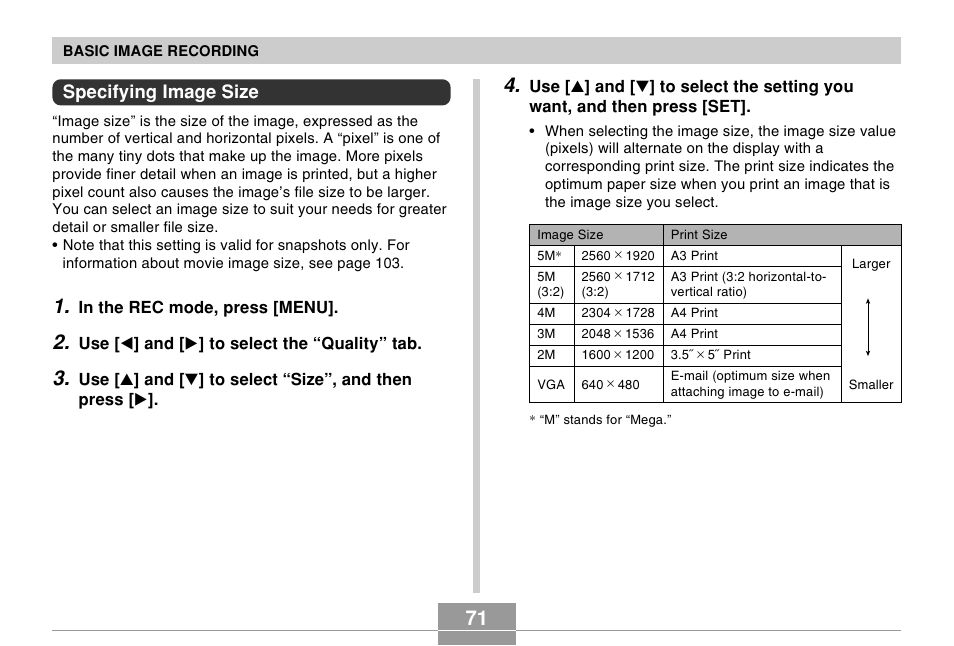 Specifying image size | Casio EX-Z5 User Manual | Page 71 / 252