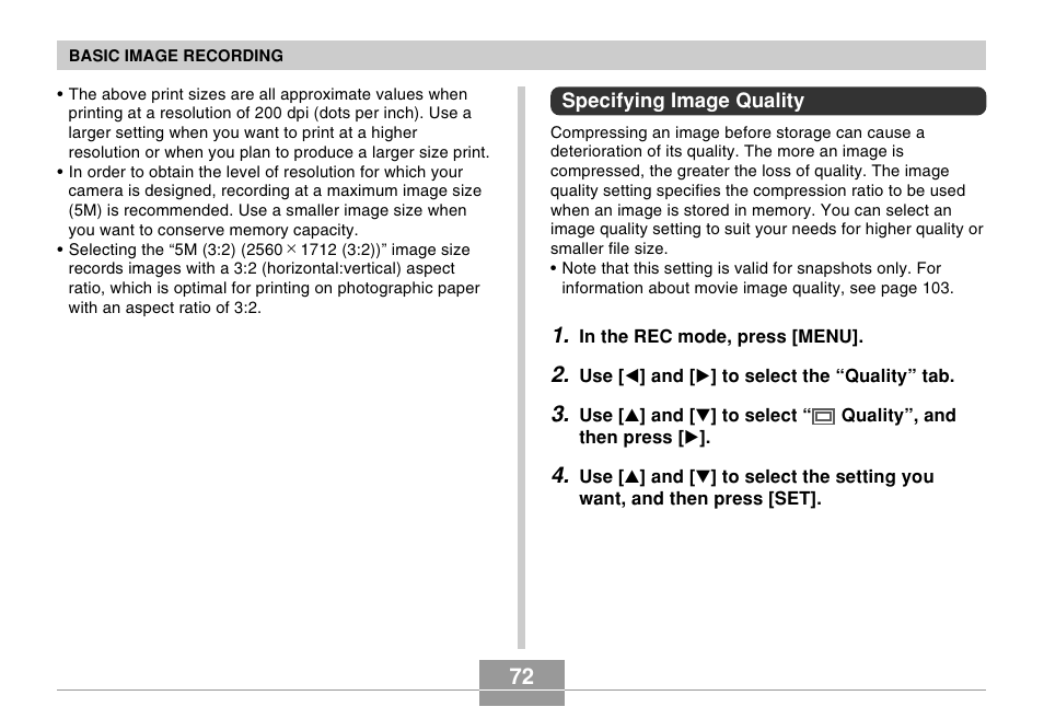 Specifying image quality | Casio EX-Z5 User Manual | Page 72 / 252