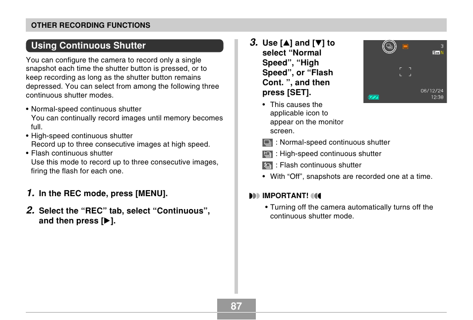Using continuous shutter | Casio EX-Z5 User Manual | Page 87 / 252