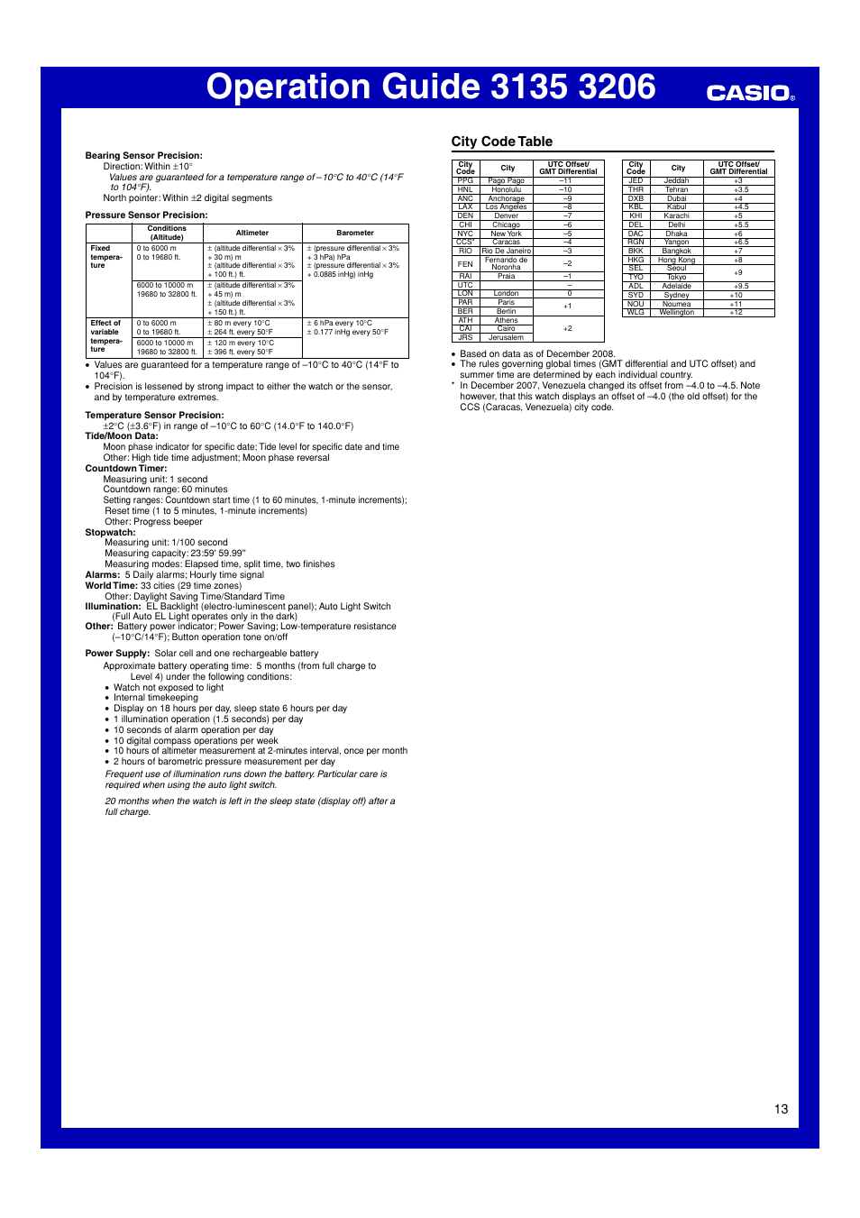 City code table | Casio 3206 User Manual | Page 13 / 13