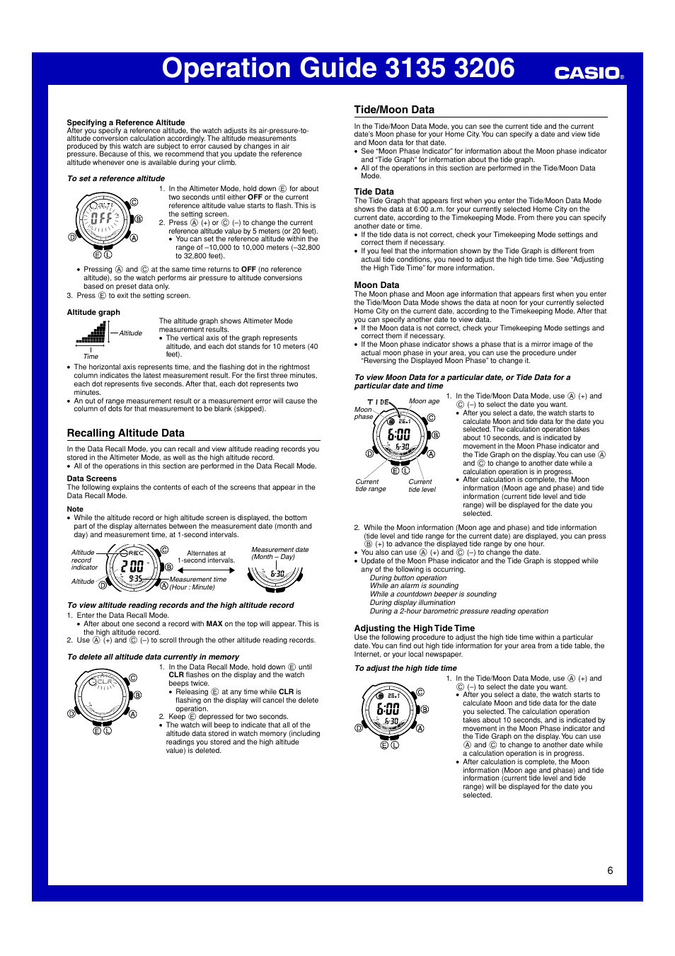 Recalling altitude data, Tide/moon data | Casio 3206 User Manual | Page 6 / 13