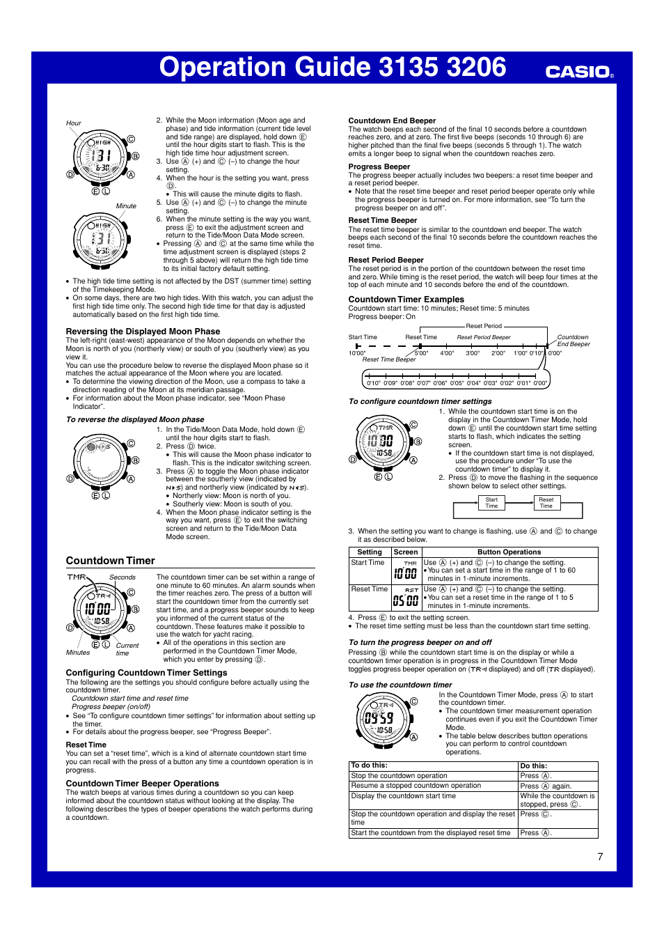Countdown timer, Reversing the displayed moon phase, Configuring countdown timer settings | Countdown timer examples, Countdown timer beeper operations | Casio 3206 User Manual | Page 7 / 13