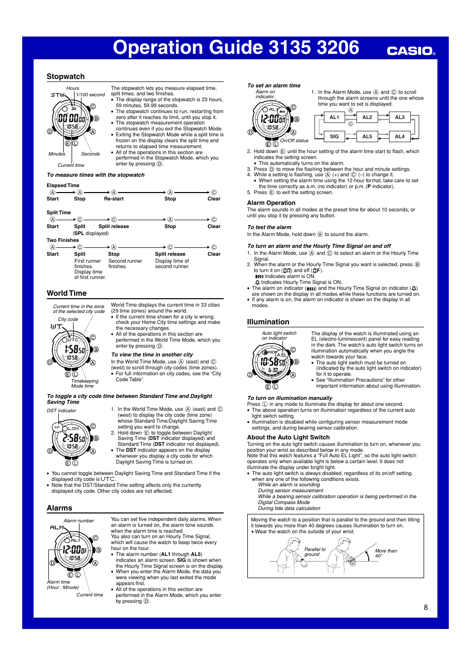 Stopwatch, World time, Alarms | Illumination | Casio 3206 User Manual | Page 8 / 13