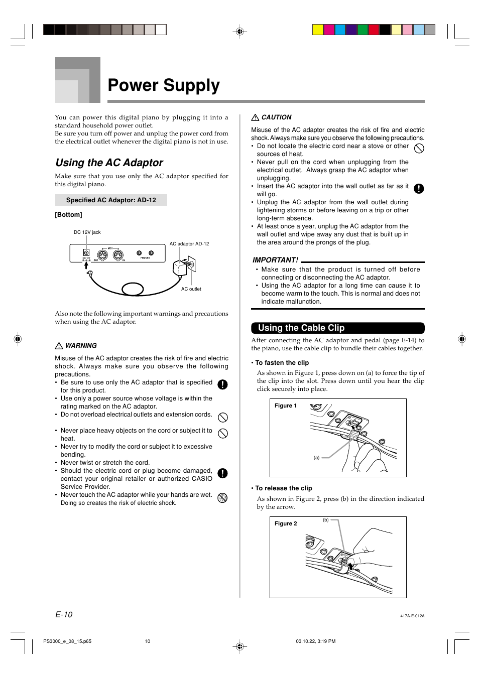 Power supply, Using the ac adaptor, Using the cable clip | E-10 | Casio PS-3000 User Manual | Page 12 / 55