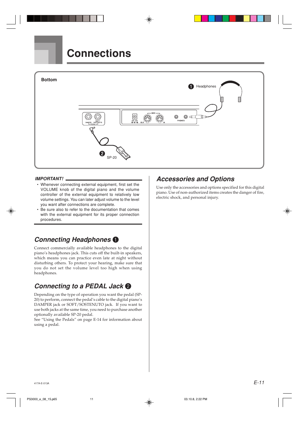 Connections, Connecting headphones, Connecting to a pedal jack | Accessories and options | Casio PS-3000 User Manual | Page 13 / 55