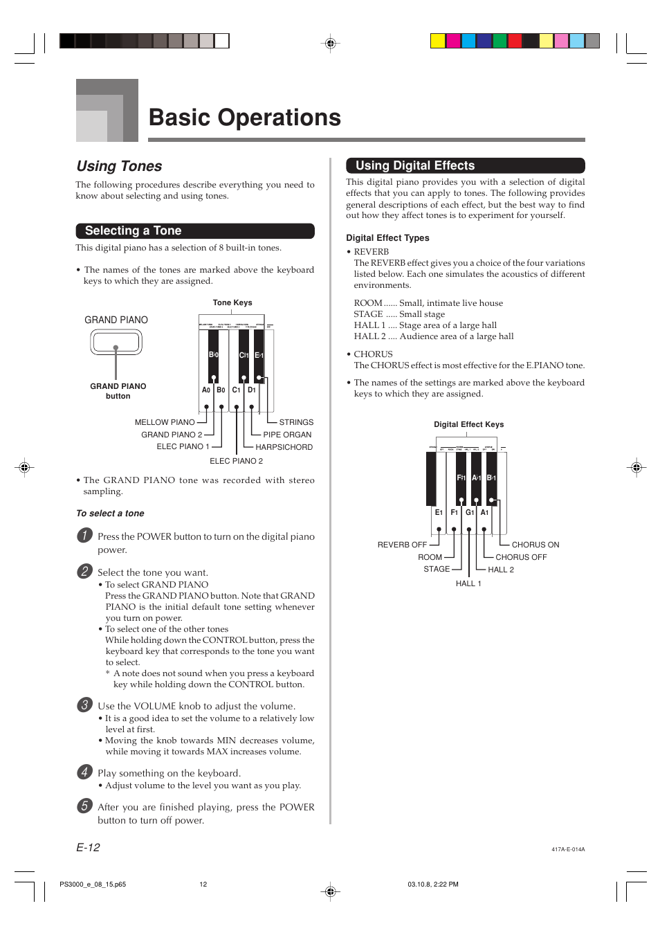 Basic operations, Using tones, Selecting a tone | Using digital effects, E-12 | Casio PS-3000 User Manual | Page 14 / 55