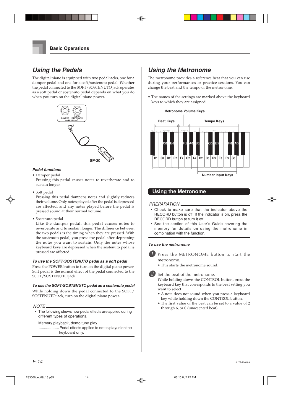Using the metronome, Using the pedals, E-14 | Basic operations | Casio PS-3000 User Manual | Page 16 / 55