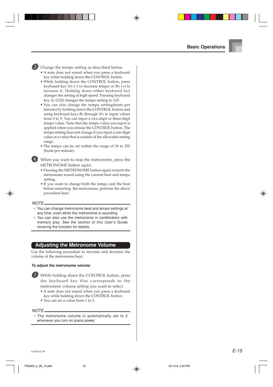 Adjusting the metronome volume | Casio PS-3000 User Manual | Page 17 / 55