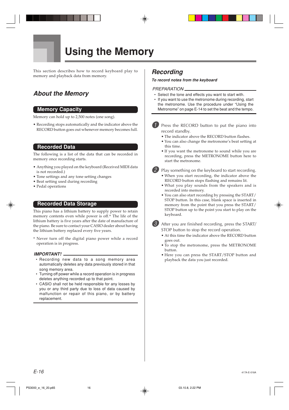 Recording | Casio PS-3000 User Manual | Page 18 / 55