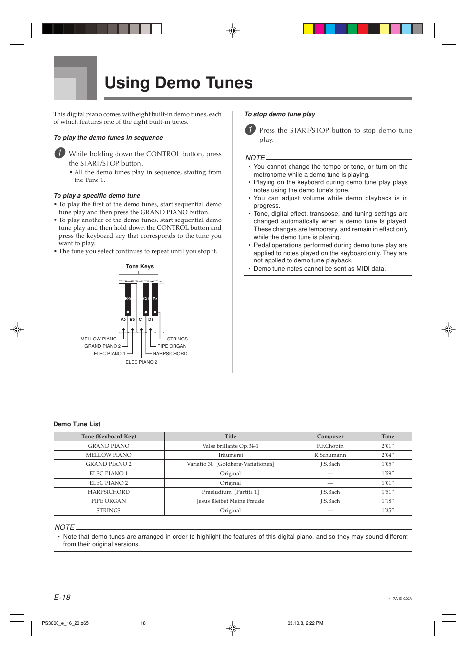 Using demo tunes, E-18 | Casio PS-3000 User Manual | Page 20 / 55