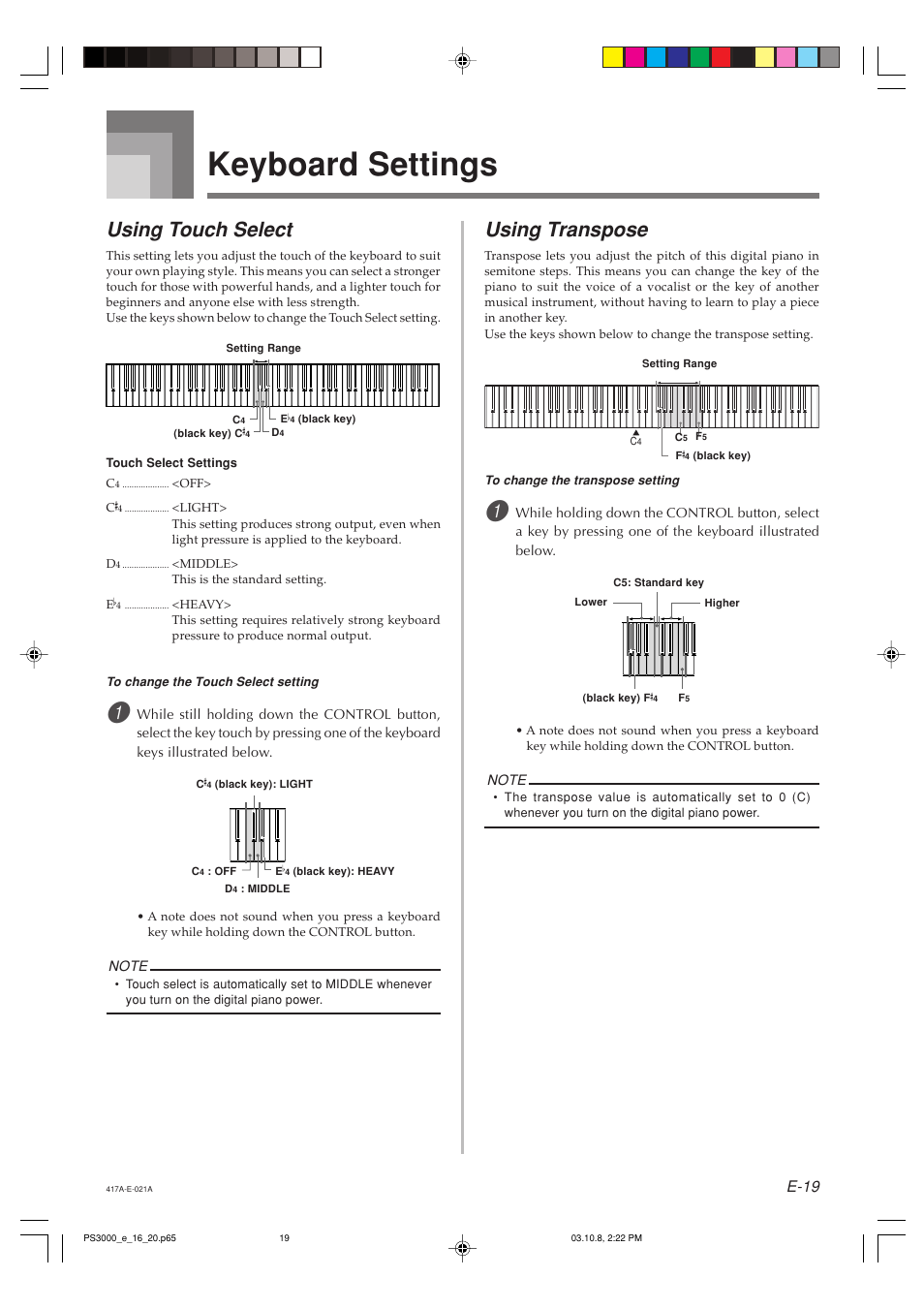 Keyboard settings, Using touch select, Using transpose | E-19 | Casio PS-3000 User Manual | Page 21 / 55
