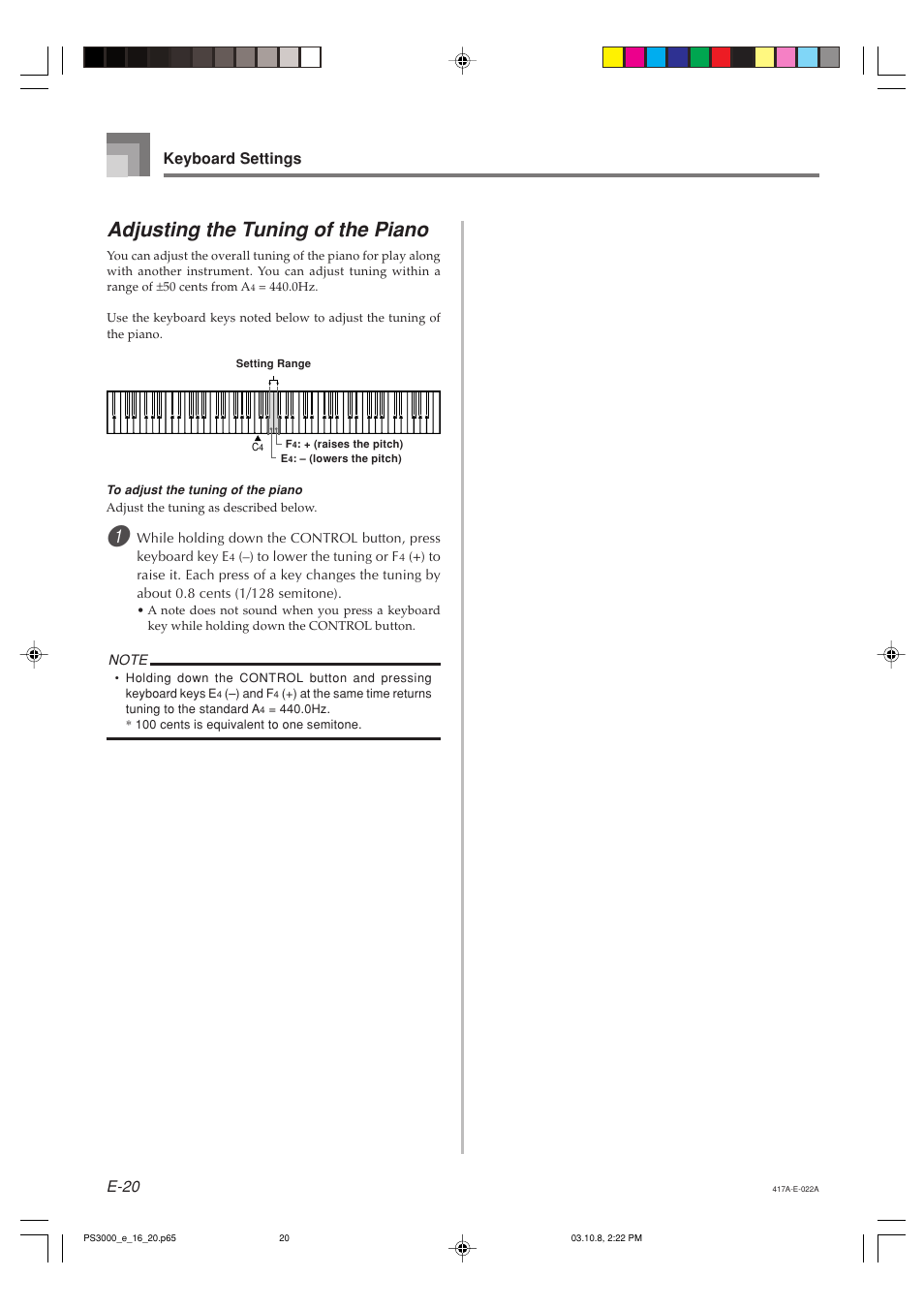 Adjusting the tuning of the piano, E-20 keyboard settings | Casio PS-3000 User Manual | Page 22 / 55