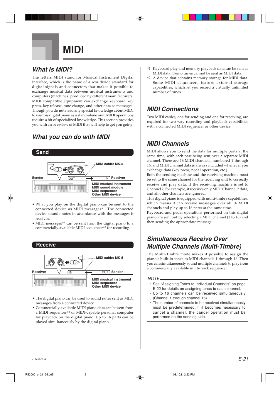 Midi, What is midi, What you can do with midi | Midi connections, Midi channels, Send, Receive | Casio PS-3000 User Manual | Page 23 / 55