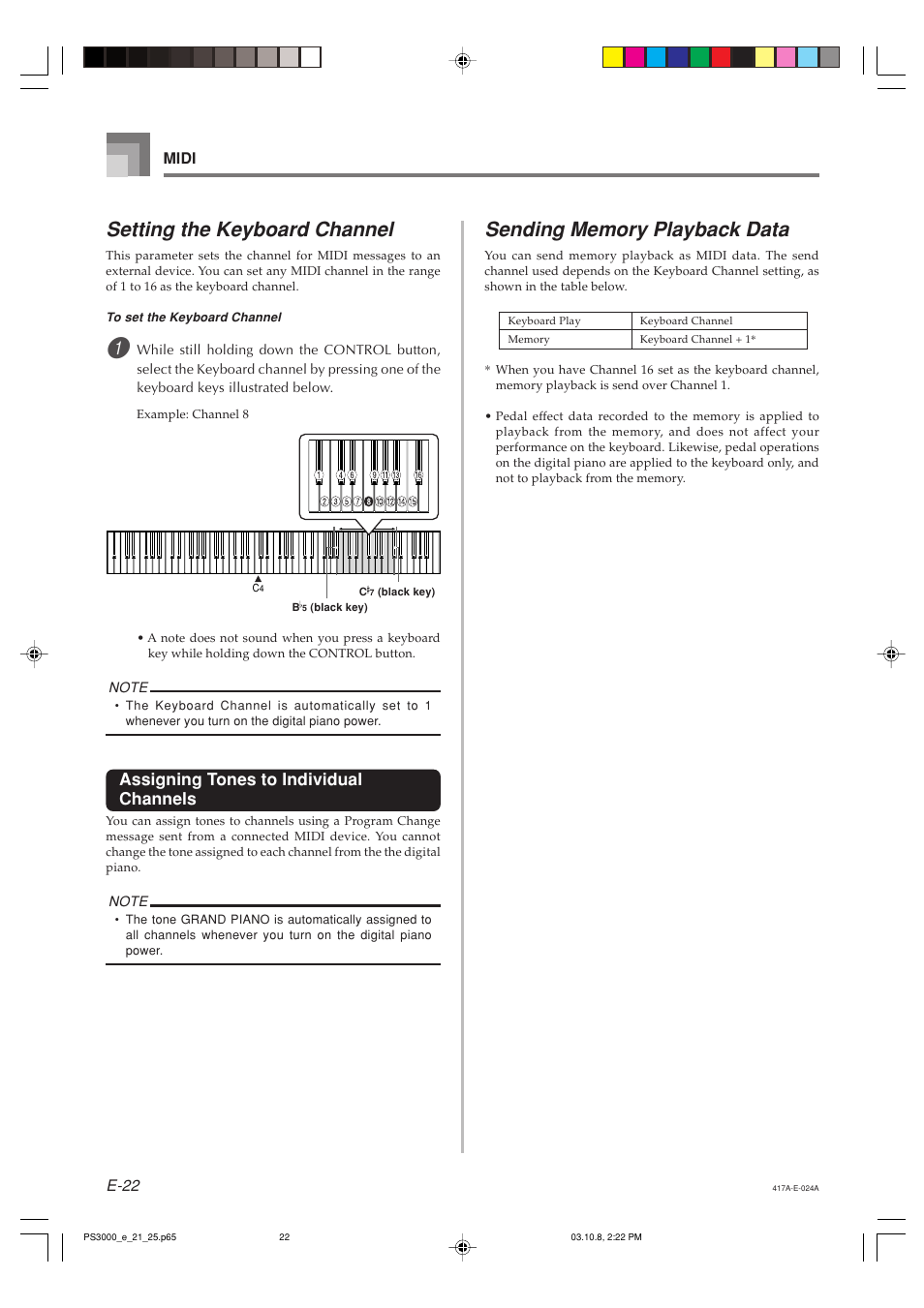 Setting the keyboard channel, Assigning tones to individual channels, E-22 | Midi | Casio PS-3000 User Manual | Page 24 / 55