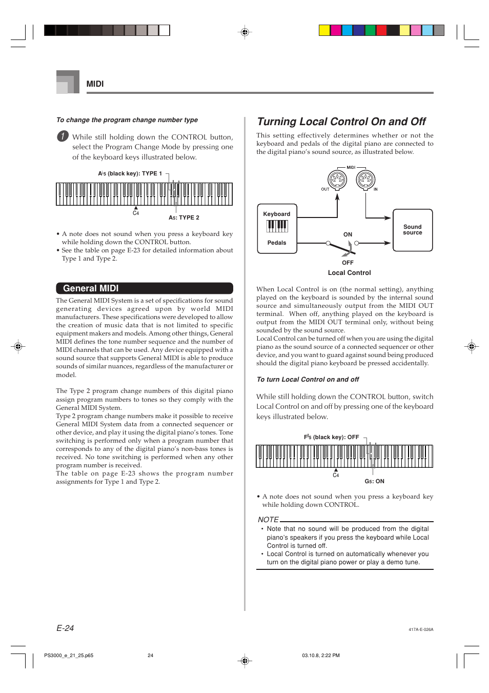 Turning local control on and off, General midi, E-24 | Midi | Casio PS-3000 User Manual | Page 26 / 55