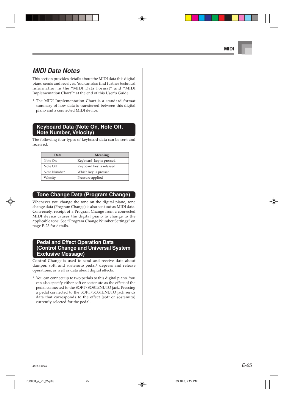 Tone change data (program change), E-25 midi | Casio PS-3000 User Manual | Page 27 / 55
