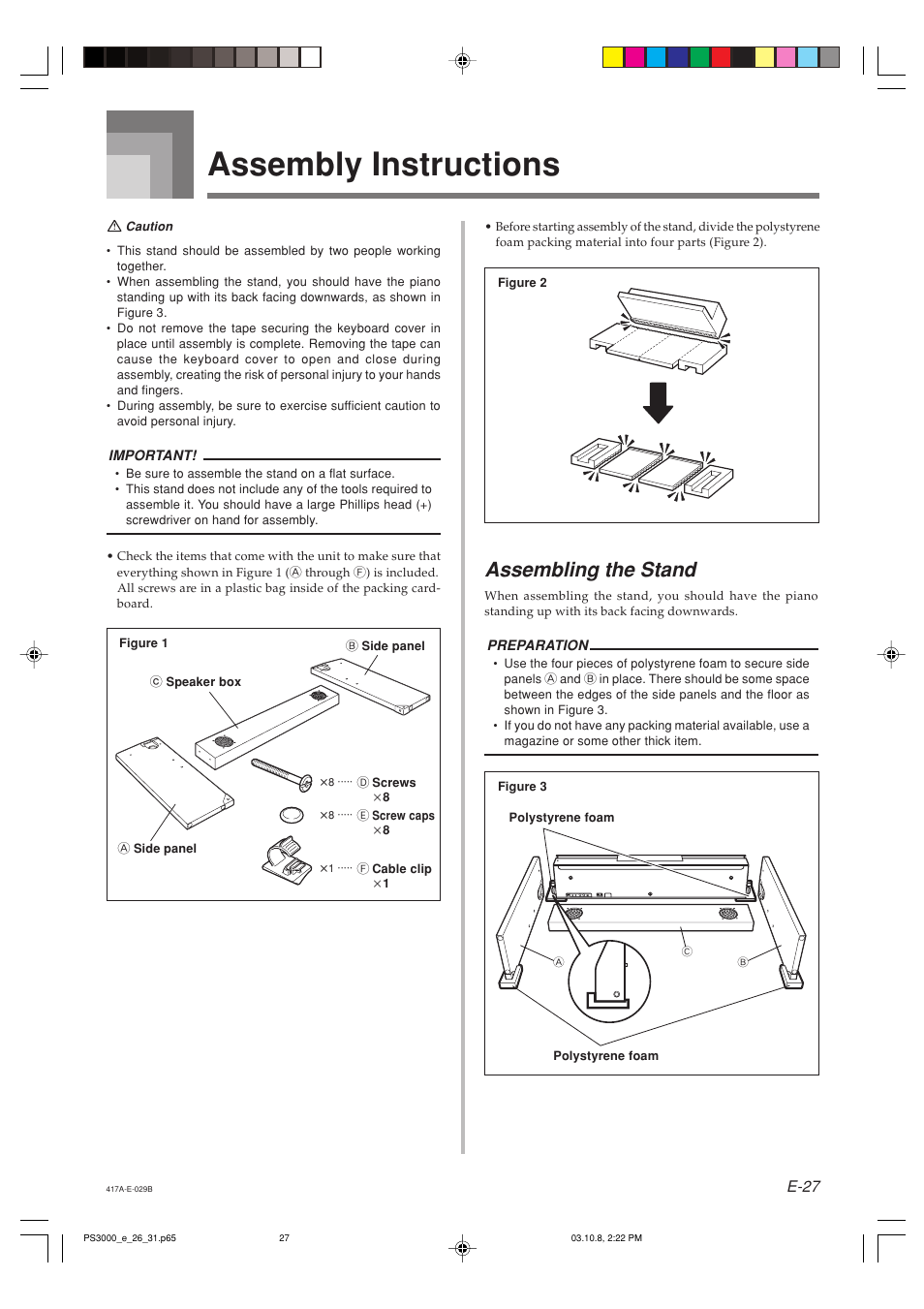 Assembly instructions, Assembling the stand, E-27 | Casio PS-3000 User Manual | Page 29 / 55