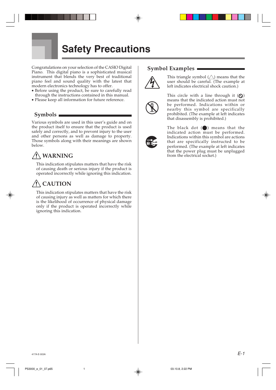 Safety precautions, Warning, Caution | Symbols, Symbol examples | Casio PS-3000 User Manual | Page 3 / 55