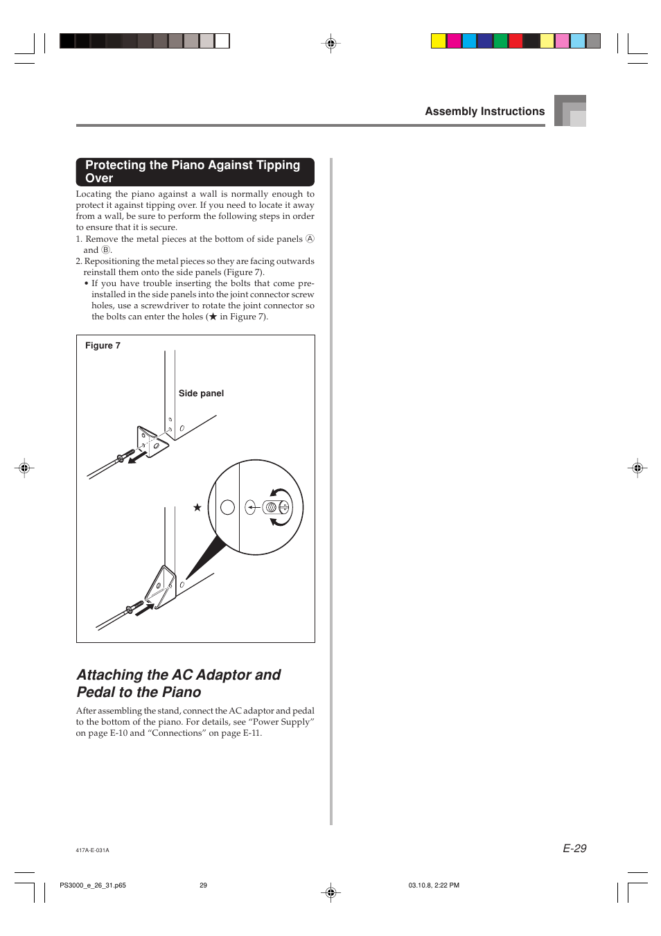 Attaching the ac adaptor and pedal to the piano, Protecting the piano against tipping over | Casio PS-3000 User Manual | Page 31 / 55