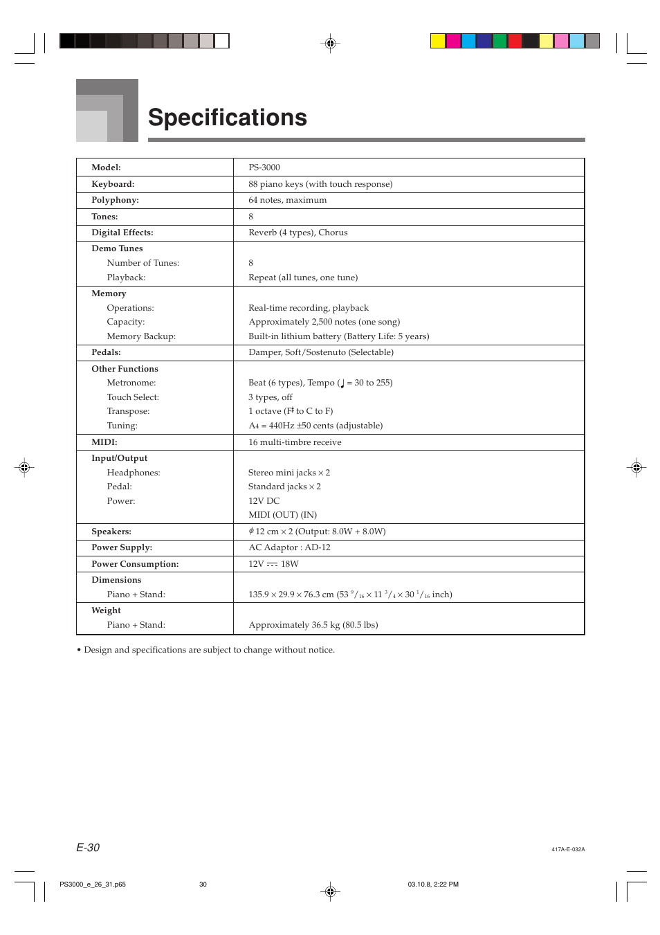 Specifications, E-30 | Casio PS-3000 User Manual | Page 32 / 55