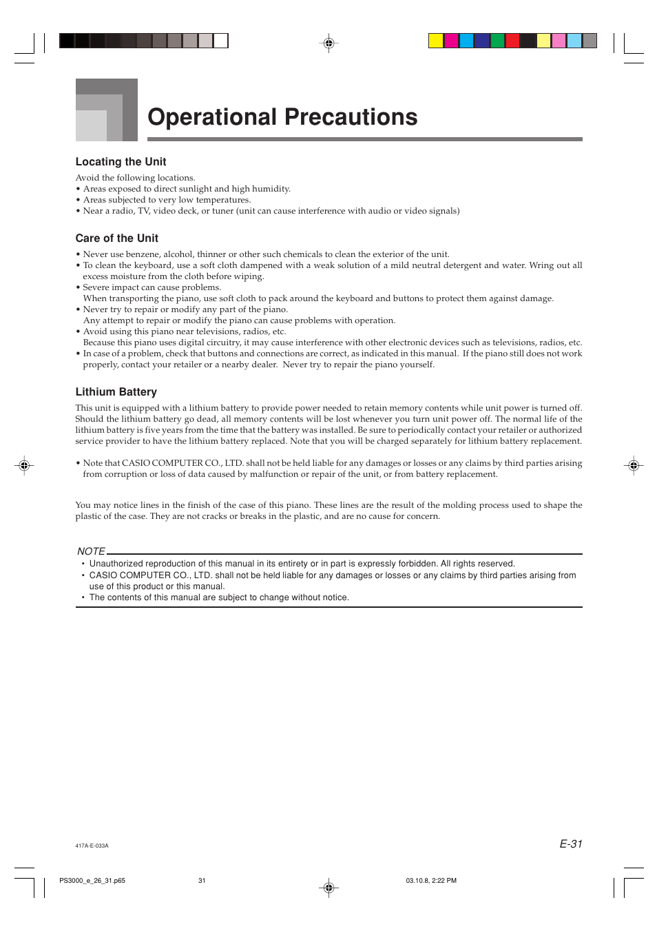 Operational precautions | Casio PS-3000 User Manual | Page 33 / 55