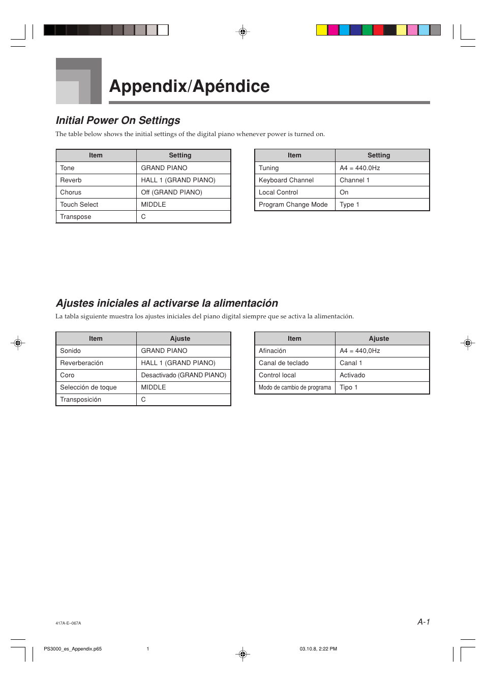 Appendix/apéndice, Initial power on settings, Ajustes iniciales al activarse la alimentación | Casio PS-3000 User Manual | Page 34 / 55