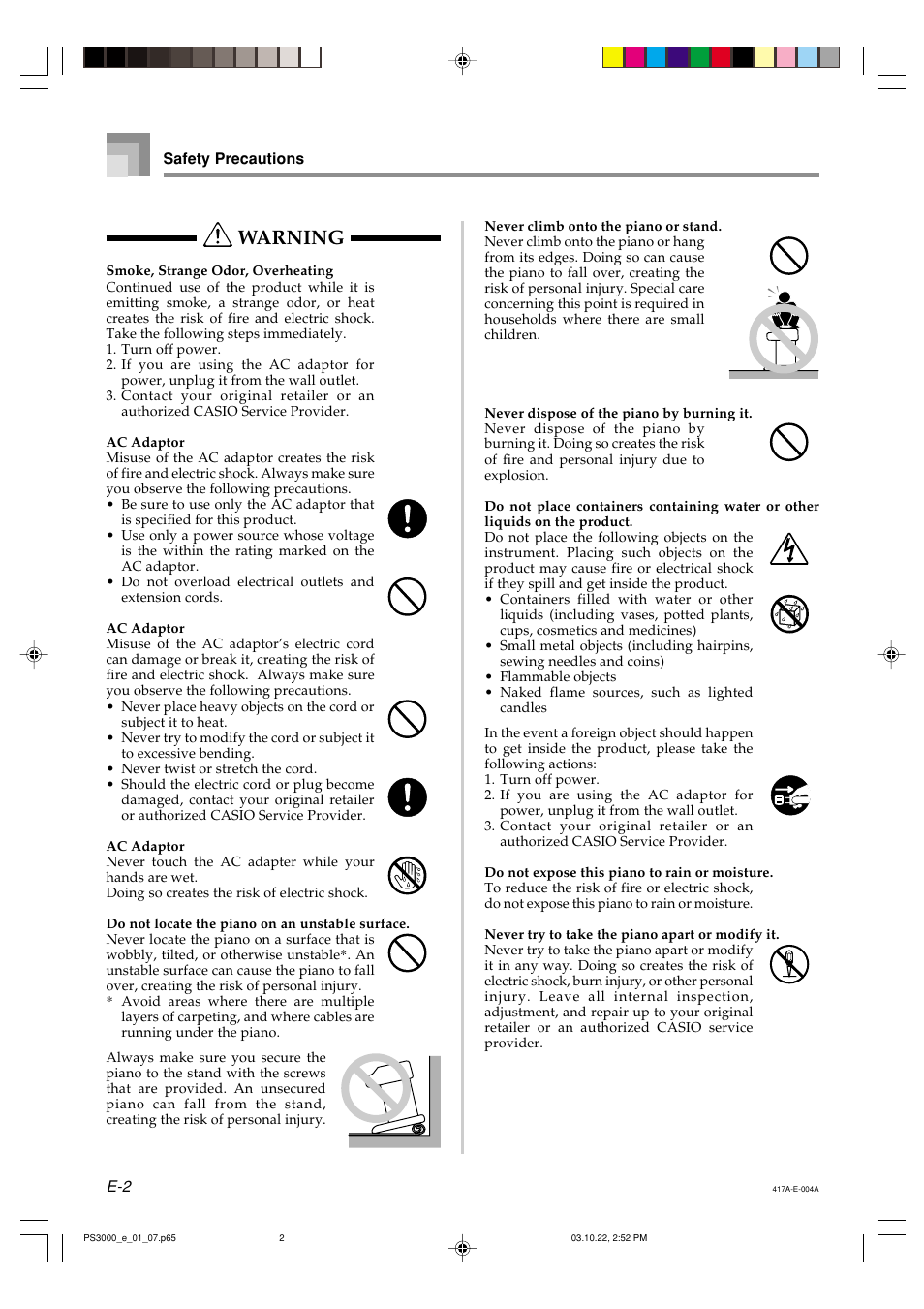 Warning | Casio PS-3000 User Manual | Page 4 / 55