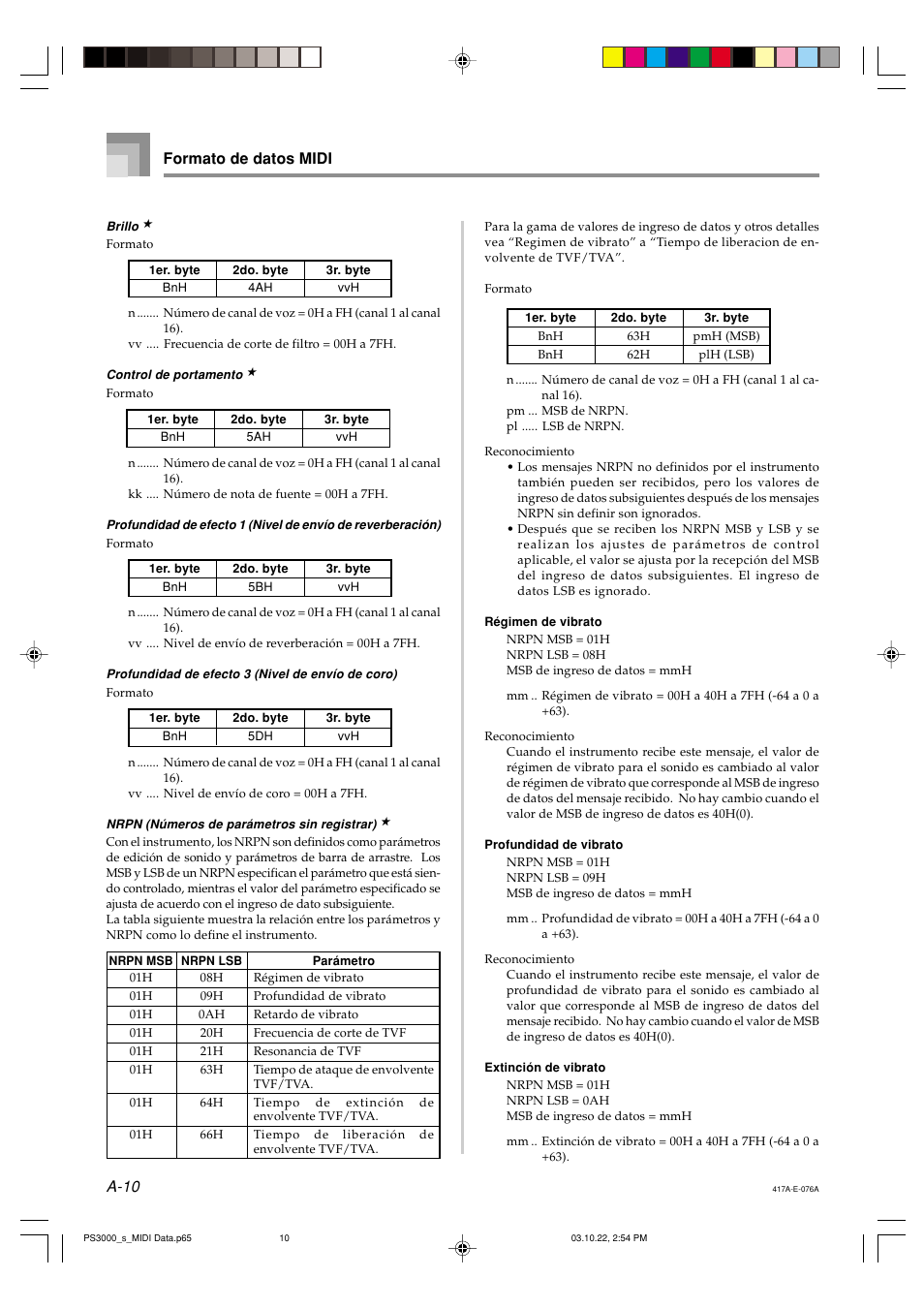 A-10 formato de datos midi | Casio PS-3000 User Manual | Page 43 / 55