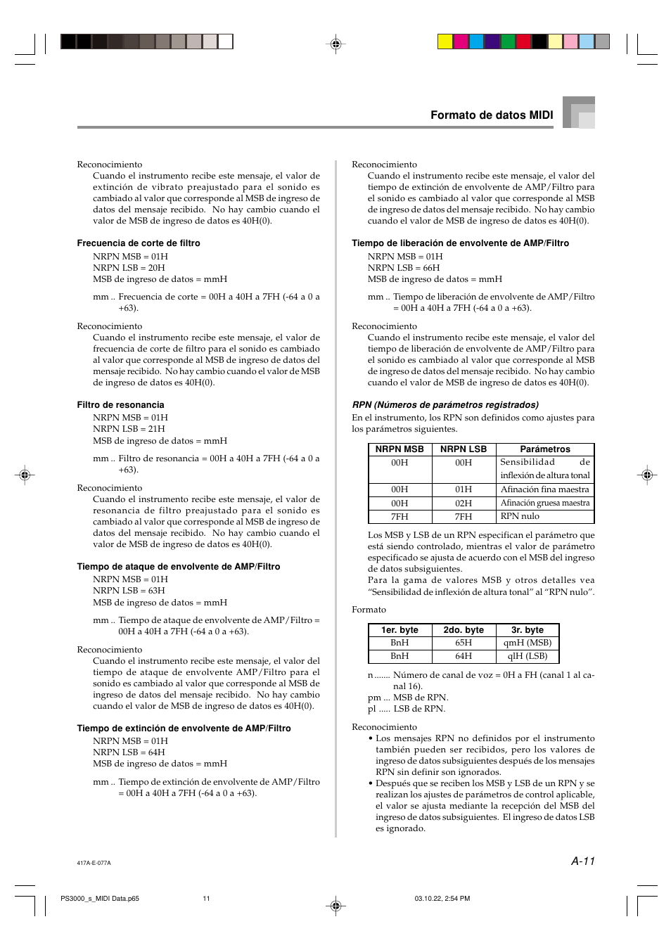 A-11 formato de datos midi | Casio PS-3000 User Manual | Page 44 / 55