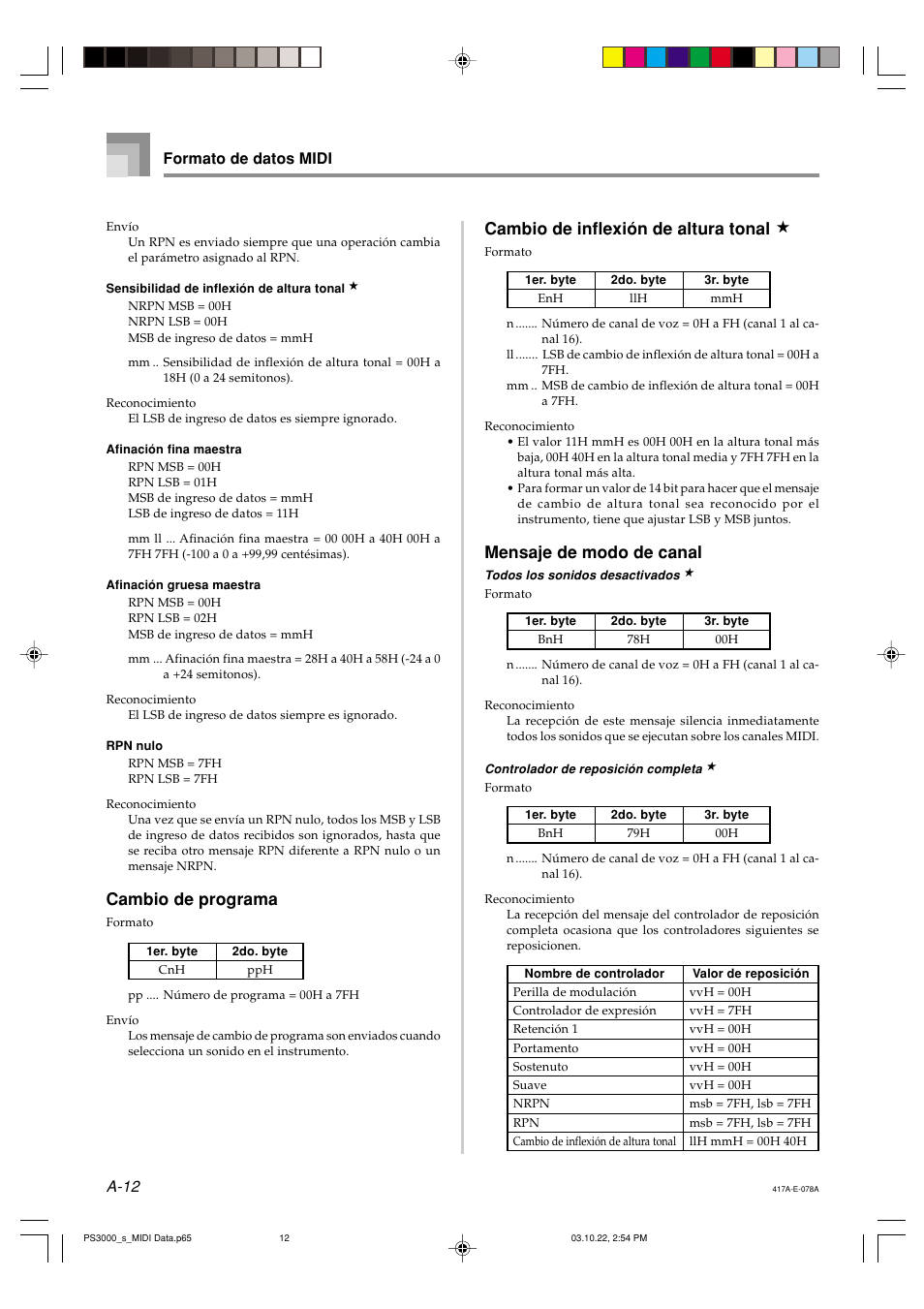 Mensaje de modo de canal, Cambio de programa, Cambio de inflexión de altura tonal | A-12, Formato de datos midi | Casio PS-3000 User Manual | Page 45 / 55