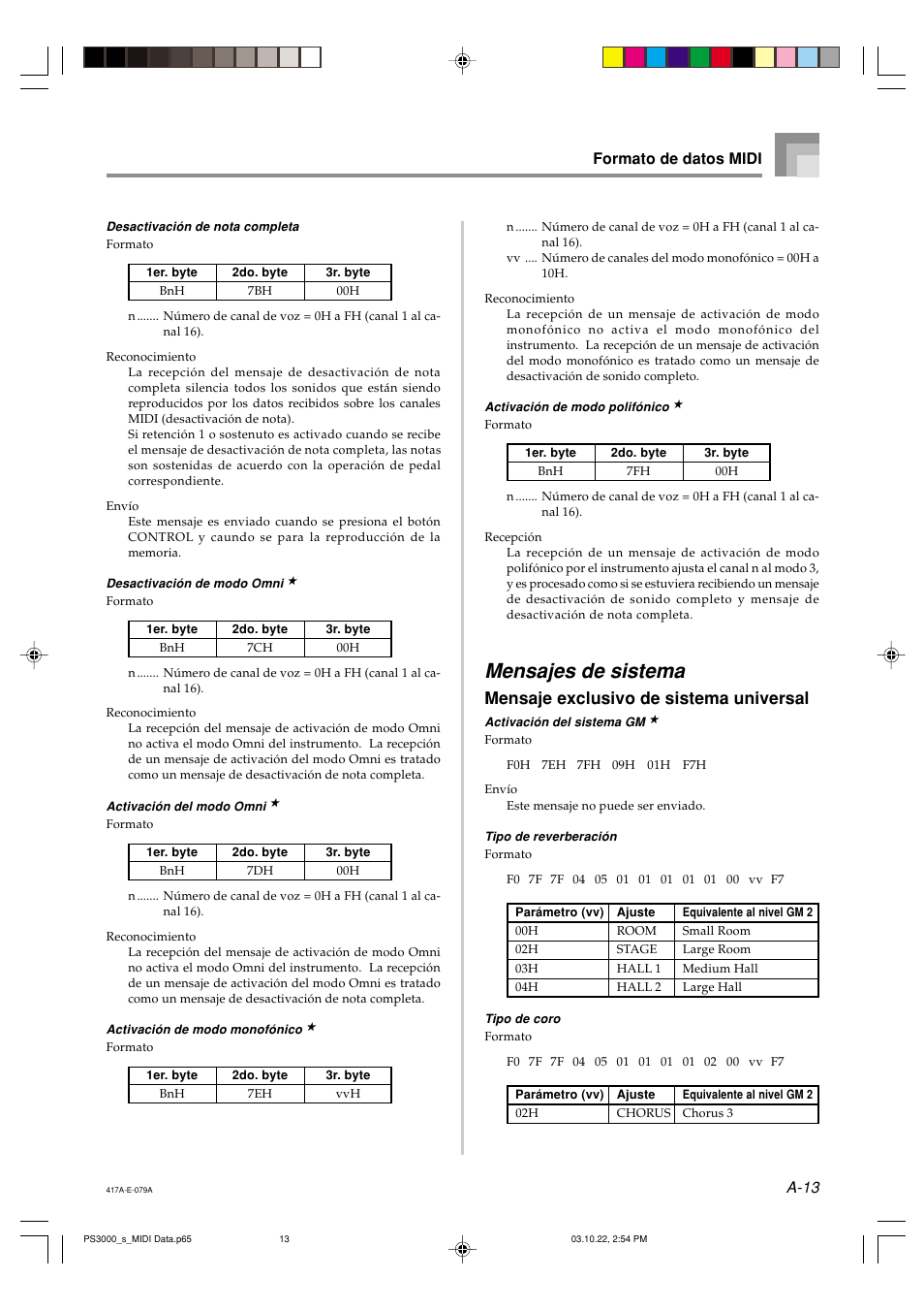 Mensajes de sistema, Mensaje exclusivo de sistema universal, A-13 formato de datos midi | Casio PS-3000 User Manual | Page 46 / 55