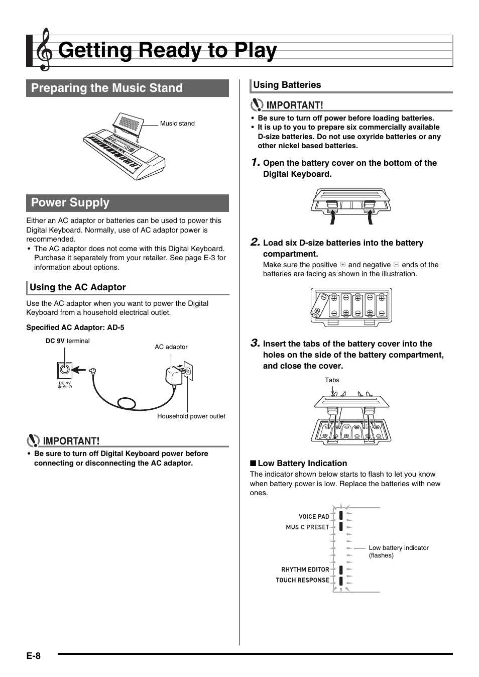 Getting ready to play, Preparing the music stand power supply | Casio WK210ES1A User Manual | Page 10 / 75