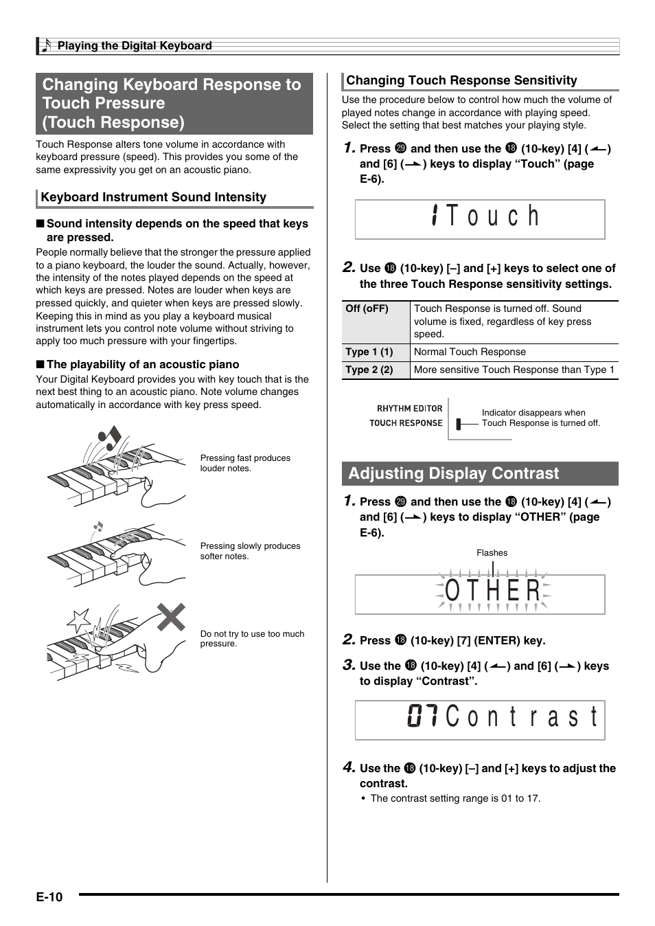 Adjusting display contrast | Casio WK210ES1A User Manual | Page 12 / 75