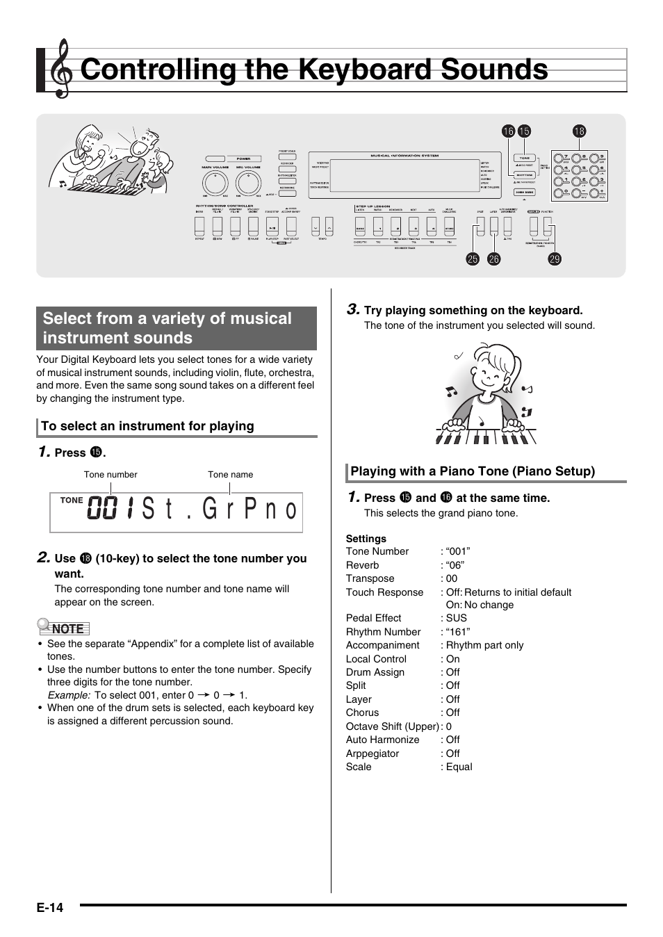 Controlling the keyboard sounds, Bs bp bp cp cp cq cq ct ct bq bq, Select from a variety of musical instrument sounds | Casio WK210ES1A User Manual | Page 16 / 75