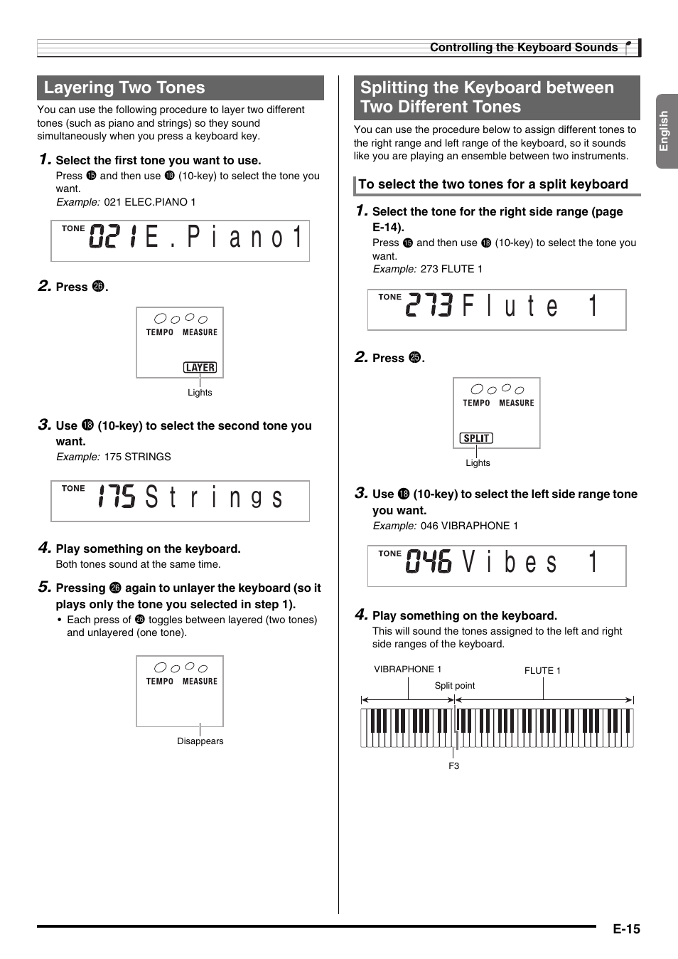 Layering two tones, Splitting the keyboard between two different tones | Casio WK210ES1A User Manual | Page 17 / 75