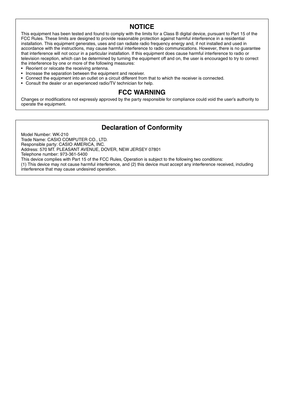 Notice, Fcc warning, Declaration of conformity | Casio WK210ES1A User Manual | Page 2 / 75