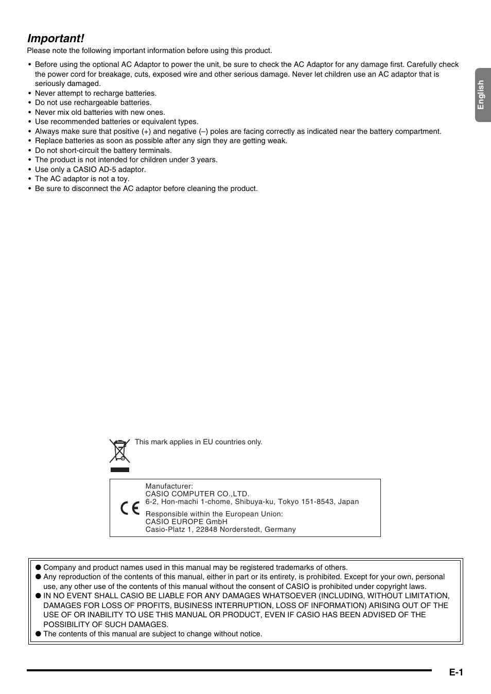 Important | Casio WK210ES1A User Manual | Page 3 / 75