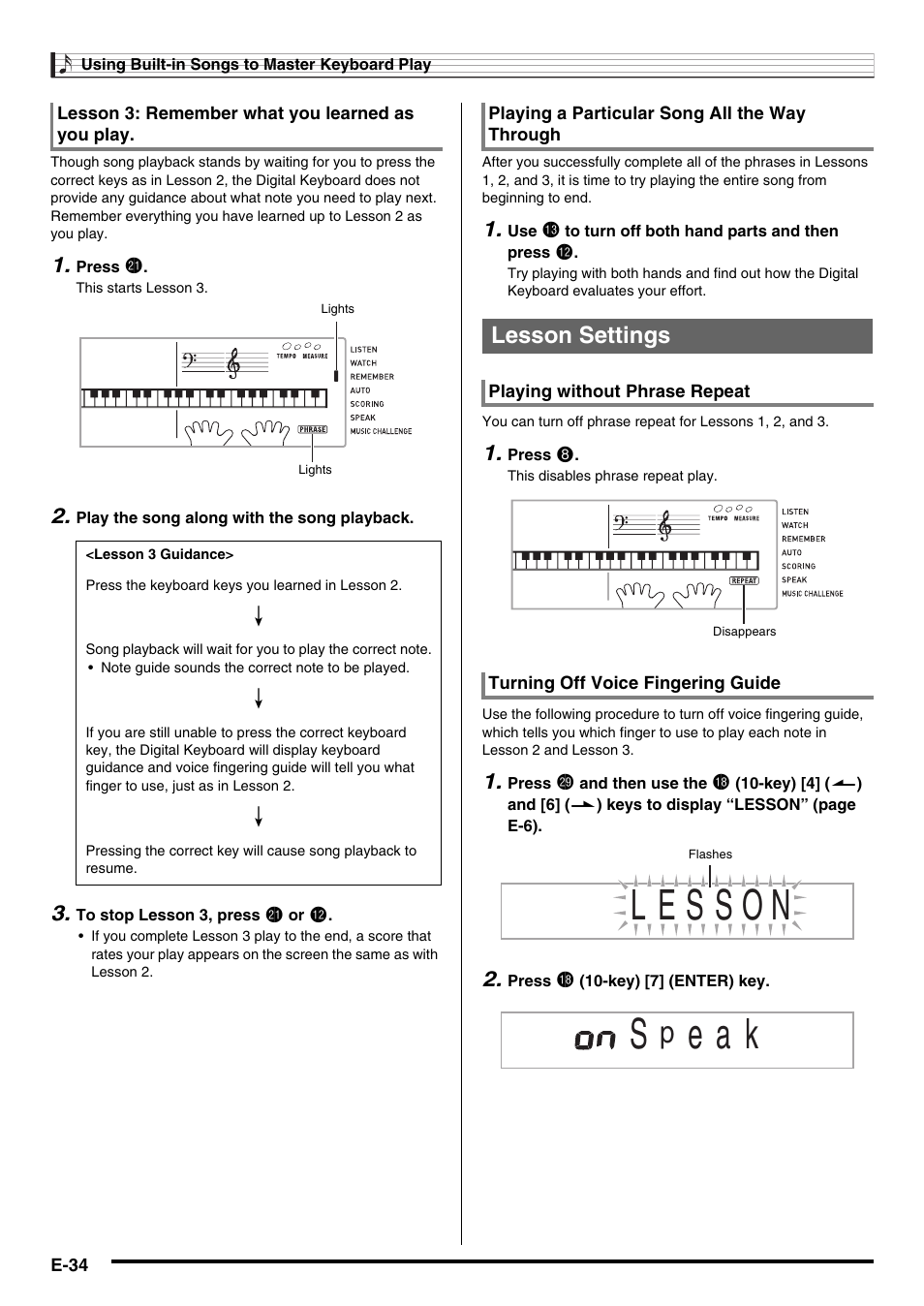 E a k, Lesson settings | Casio WK210ES1A User Manual | Page 36 / 75