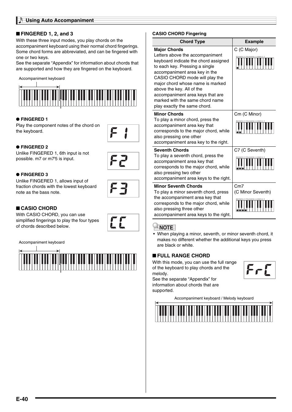 E-40, Using auto accompaniment, Fingered 1, 2, and 3 | Casio chord, Full range chord, Accompaniment keyboard, Accompaniment keyboard / melody keyboard | Casio WK210ES1A User Manual | Page 42 / 75