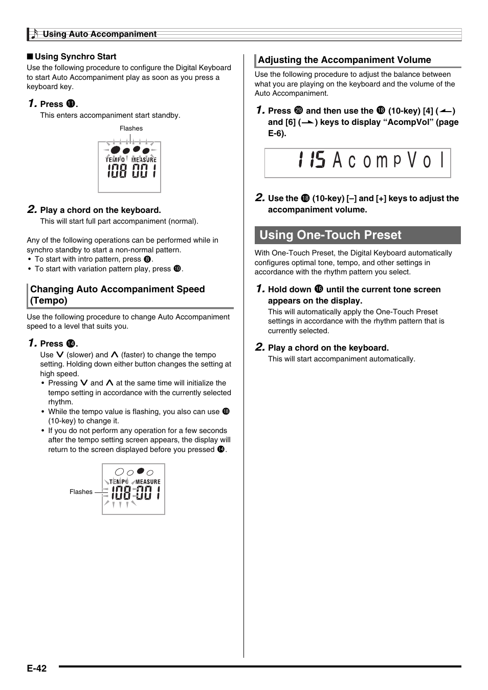 A c o m, V o l, Using one-touch preset | Casio WK210ES1A User Manual | Page 44 / 75