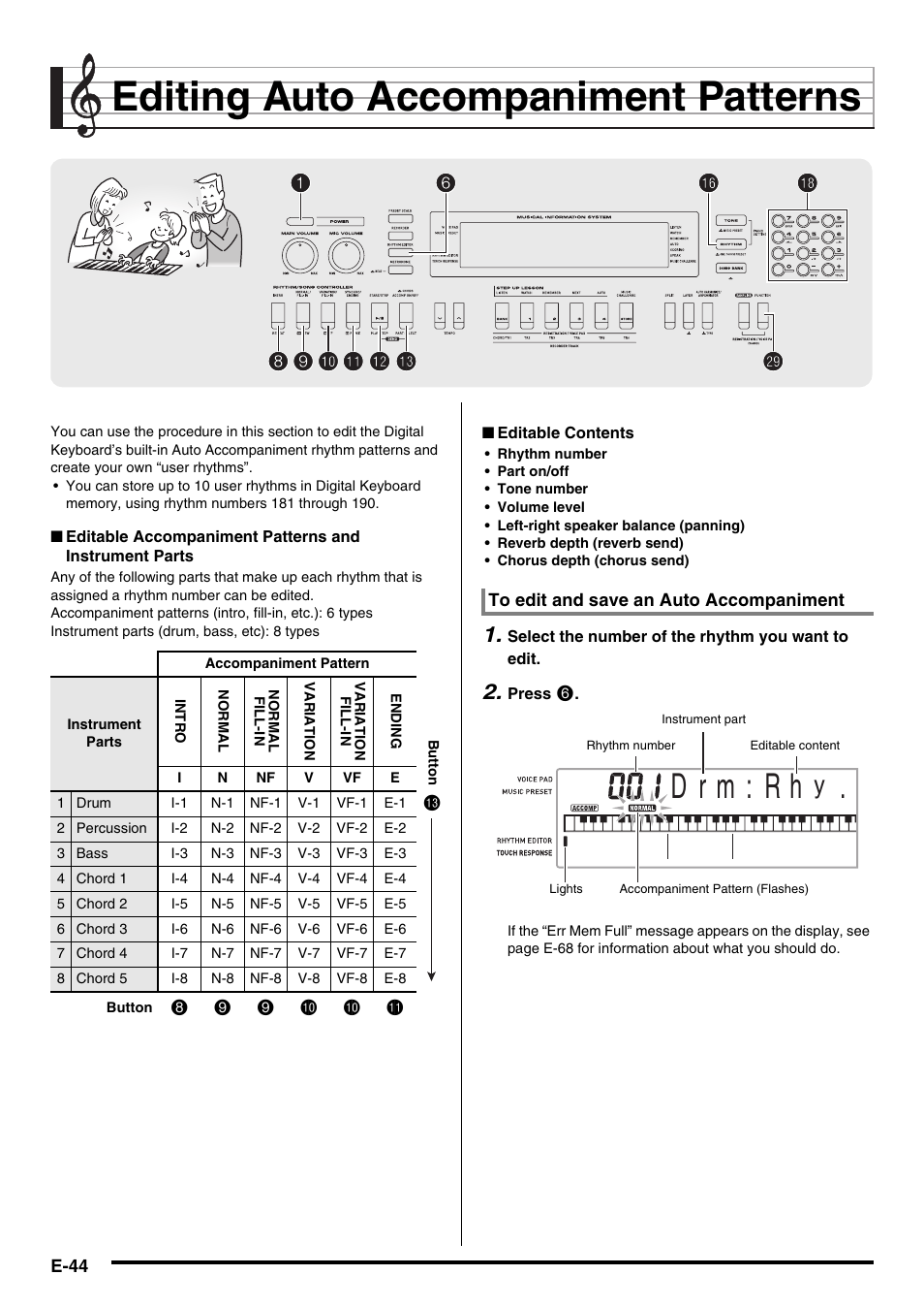 Editing auto accompaniment patterns, D r m : r h, 89 9 bk bk bl bn | Casio WK210ES1A User Manual | Page 46 / 75