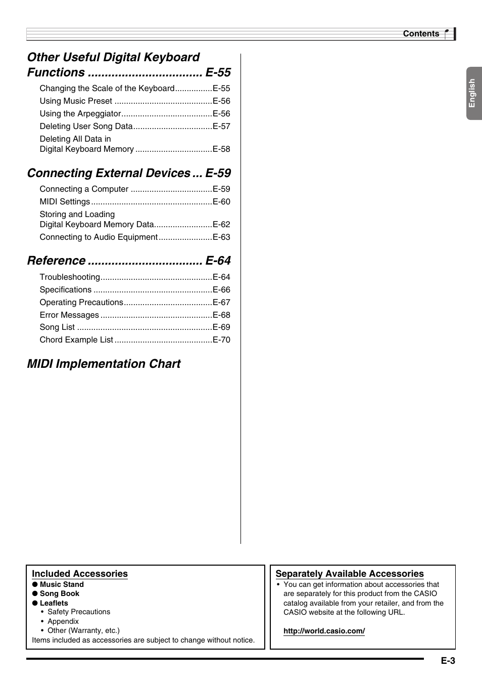 Connecting external devices ... e-59, Reference .................................. e-64, Midi implementation chart | Casio WK210ES1A User Manual | Page 5 / 75